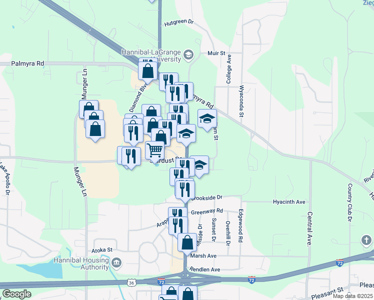 map of restaurants, bars, coffee shops, grocery stores, and more near 4550 McMasters Avenue in Hannibal