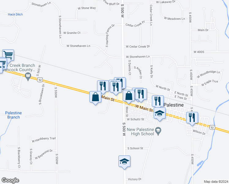 map of restaurants, bars, coffee shops, grocery stores, and more near 4282 Eclipse Way in New Palestine