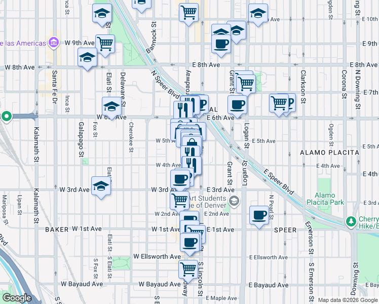 map of restaurants, bars, coffee shops, grocery stores, and more near in Denver