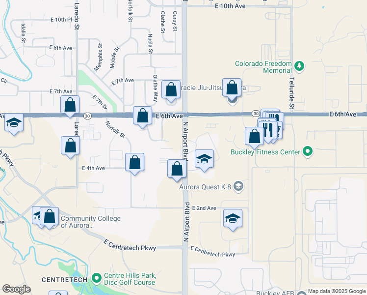 map of restaurants, bars, coffee shops, grocery stores, and more near 423 North Airport Boulevard in Aurora
