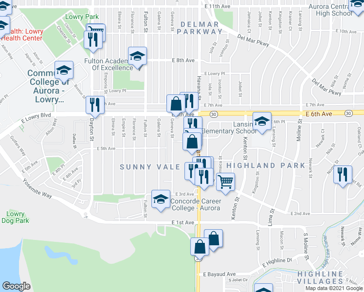 map of restaurants, bars, coffee shops, grocery stores, and more near 500 Geneva Street in Aurora