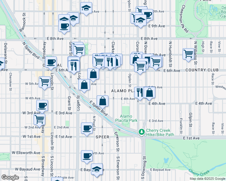 map of restaurants, bars, coffee shops, grocery stores, and more near in Denver