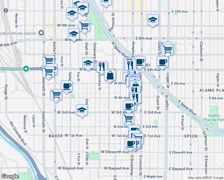map of restaurants, bars, coffee shops, grocery stores, and more near 421 Bannock Street in Denver