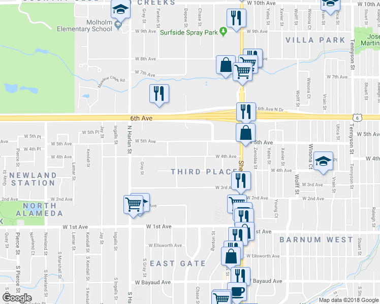 map of restaurants, bars, coffee shops, grocery stores, and more near 5484 West 4th Avenue in Denver