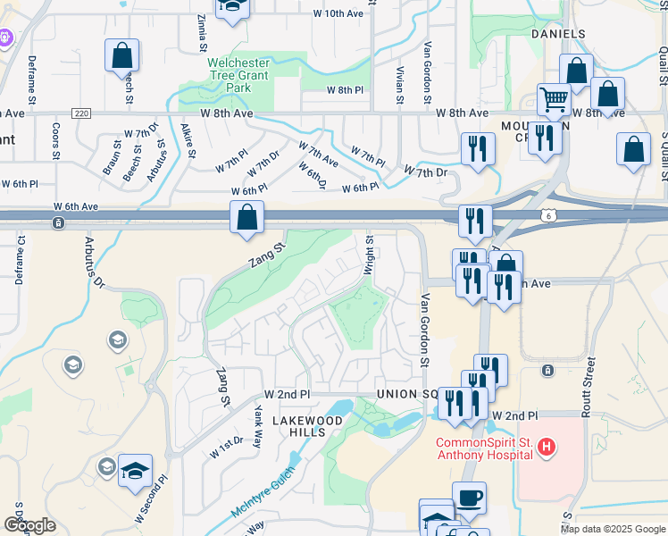 map of restaurants, bars, coffee shops, grocery stores, and more near 455 Wright Street in Lakewood