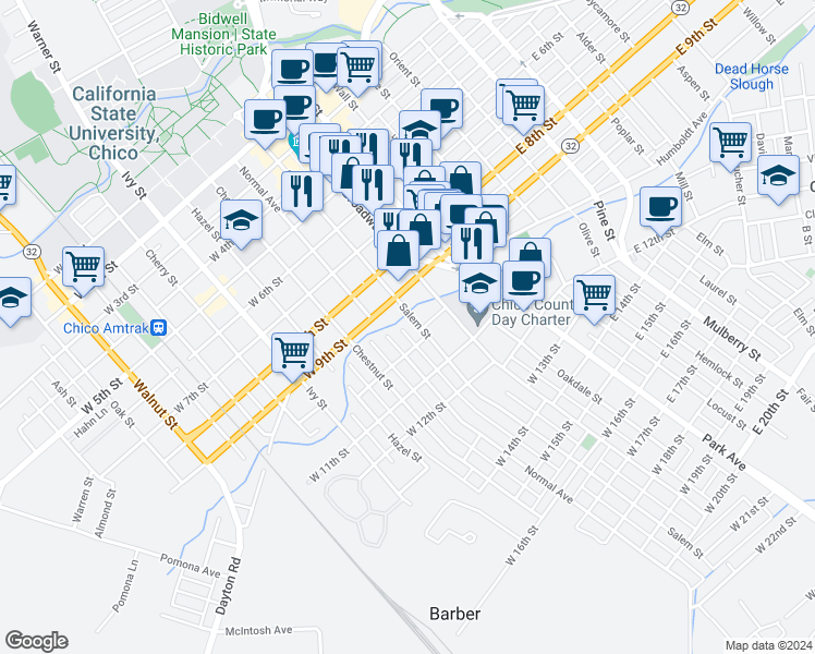 map of restaurants, bars, coffee shops, grocery stores, and more near 986 Salem Street in Chico
