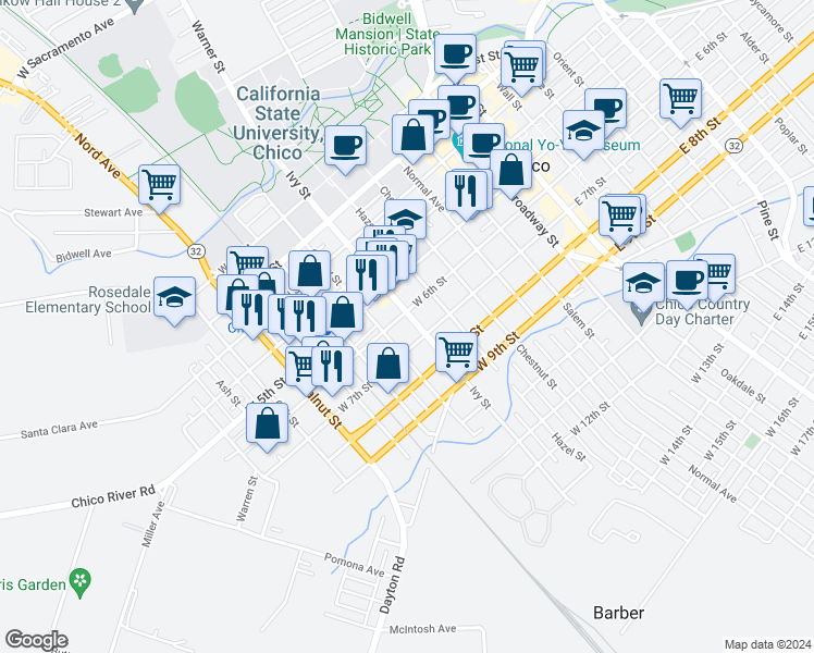 map of restaurants, bars, coffee shops, grocery stores, and more near 743 West 6th Street in Chico