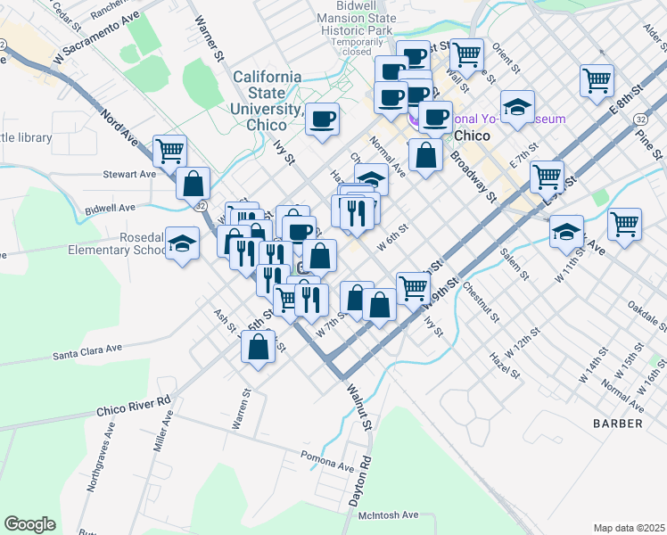map of restaurants, bars, coffee shops, grocery stores, and more near 533 Orange Street in Chico