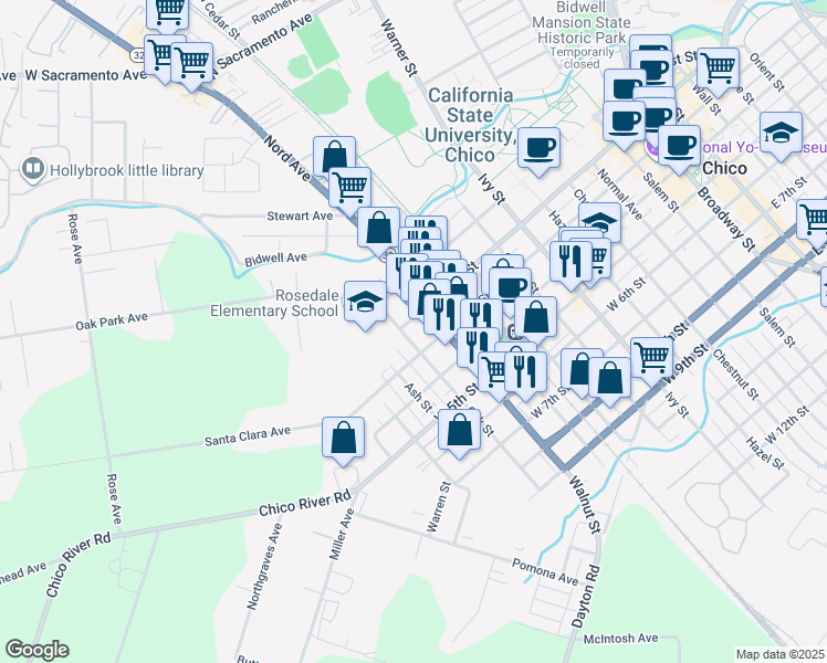 map of restaurants, bars, coffee shops, grocery stores, and more near 1128 West 3rd Street in Chico