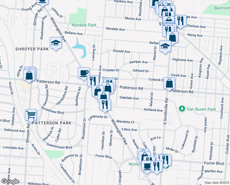 map of restaurants, bars, coffee shops, grocery stores, and more near 1109 Oakdale Avenue in Dayton
