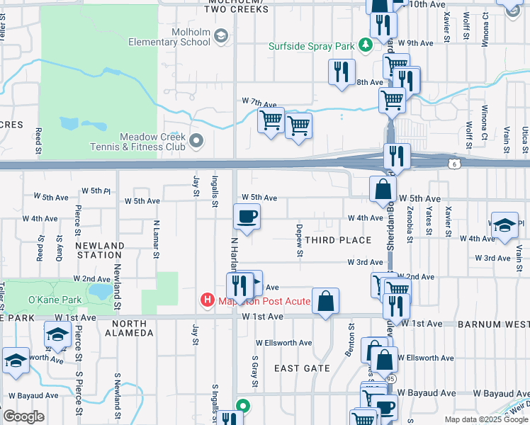 map of restaurants, bars, coffee shops, grocery stores, and more near 5890 West 4th Avenue in Lakewood