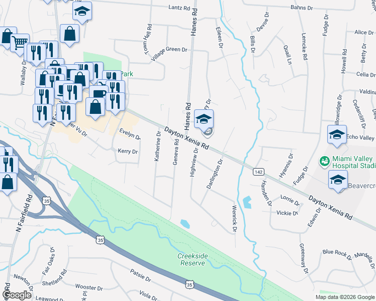 map of restaurants, bars, coffee shops, grocery stores, and more near 1167 Highview Drive in Dayton