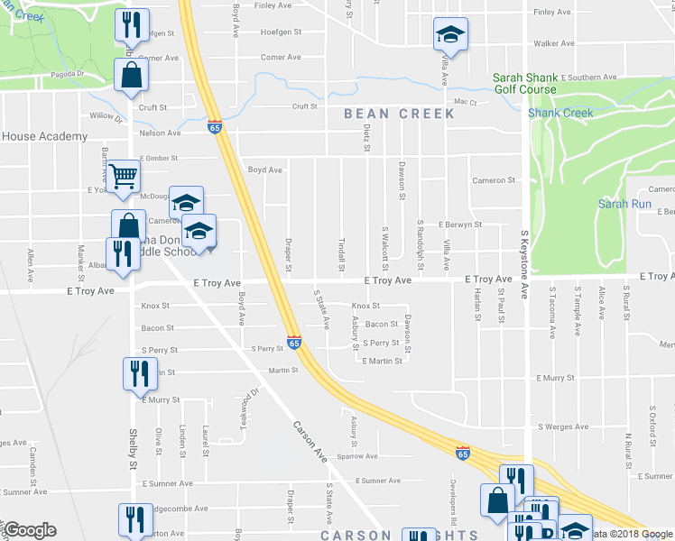 map of restaurants, bars, coffee shops, grocery stores, and more near 2938 Tindall Street in Indianapolis