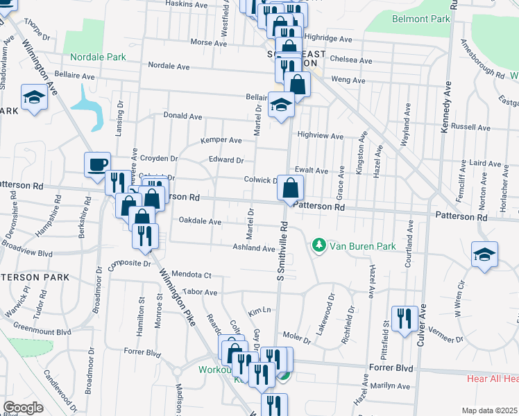 map of restaurants, bars, coffee shops, grocery stores, and more near 3230 Martel Drive in Dayton
