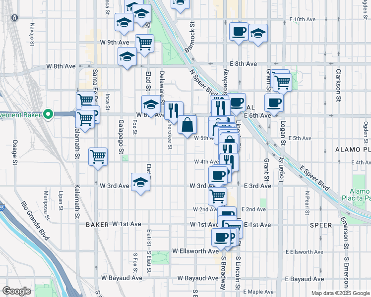 map of restaurants, bars, coffee shops, grocery stores, and more near 455 Bannock Street in Denver