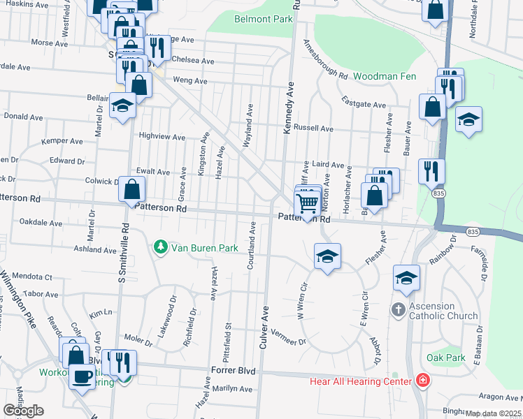 map of restaurants, bars, coffee shops, grocery stores, and more near 2112 Patterson Road in Dayton