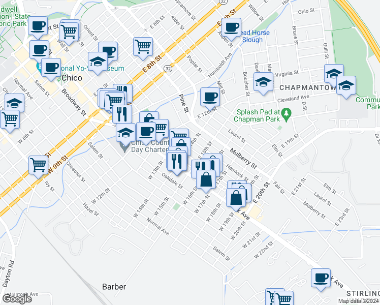 map of restaurants, bars, coffee shops, grocery stores, and more near 1405 Locust Street in Chico