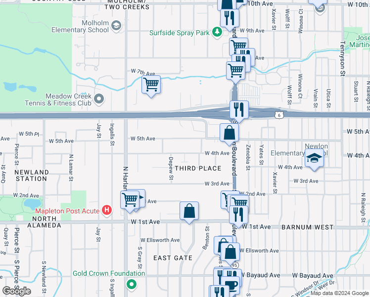map of restaurants, bars, coffee shops, grocery stores, and more near 5457 West 4th Avenue in Lakewood