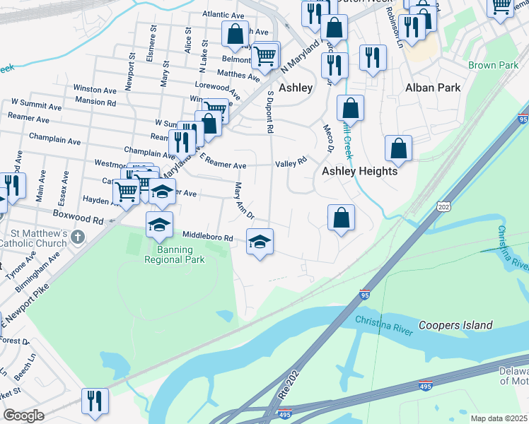map of restaurants, bars, coffee shops, grocery stores, and more near 409 South Dupont Road in Wilmington