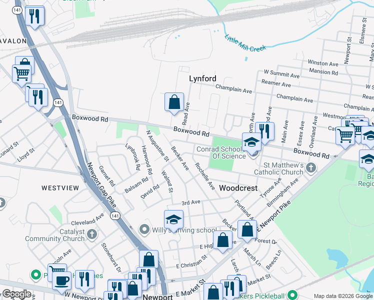 map of restaurants, bars, coffee shops, grocery stores, and more near 520 Becker Avenue in Wilmington