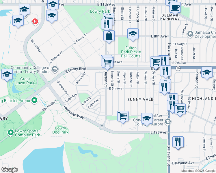 map of restaurants, bars, coffee shops, grocery stores, and more near 500 Dayton Street in Aurora