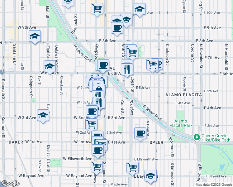 map of restaurants, bars, coffee shops, grocery stores, and more near 444 Sherman Street in Denver