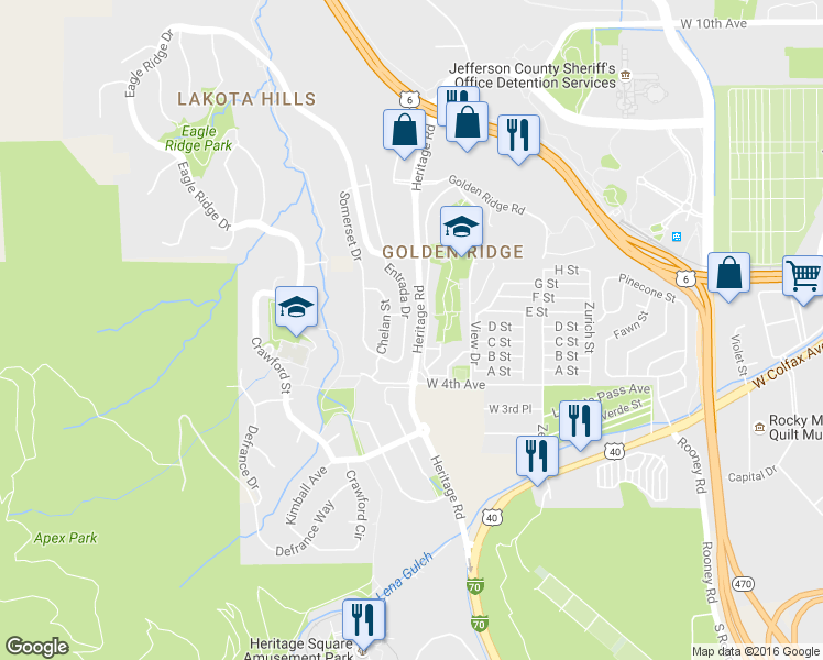 map of restaurants, bars, coffee shops, grocery stores, and more near 472 Entrada Drive in Golden