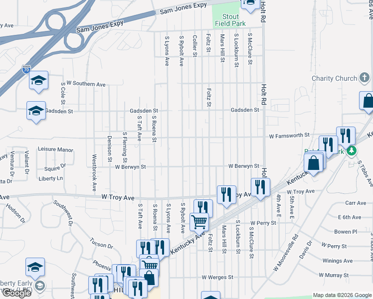 map of restaurants, bars, coffee shops, grocery stores, and more near 2839 South Rybolt Avenue in Indianapolis