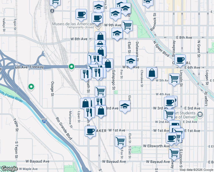 map of restaurants, bars, coffee shops, grocery stores, and more near 422 Inca Street in Denver