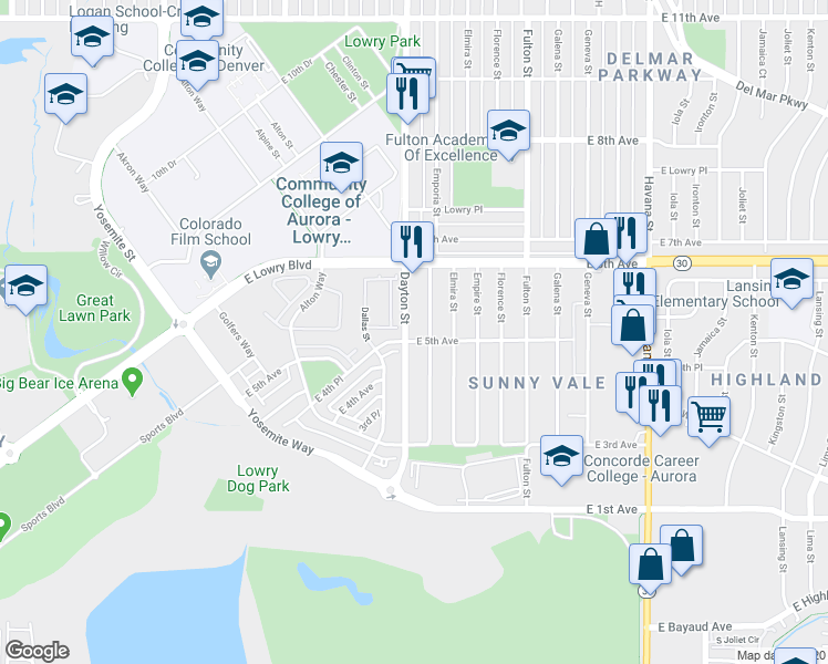 map of restaurants, bars, coffee shops, grocery stores, and more near 9690 East 5th Avenue in Denver