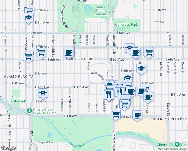 map of restaurants, bars, coffee shops, grocery stores, and more near 2025 East 4th Avenue in Denver
