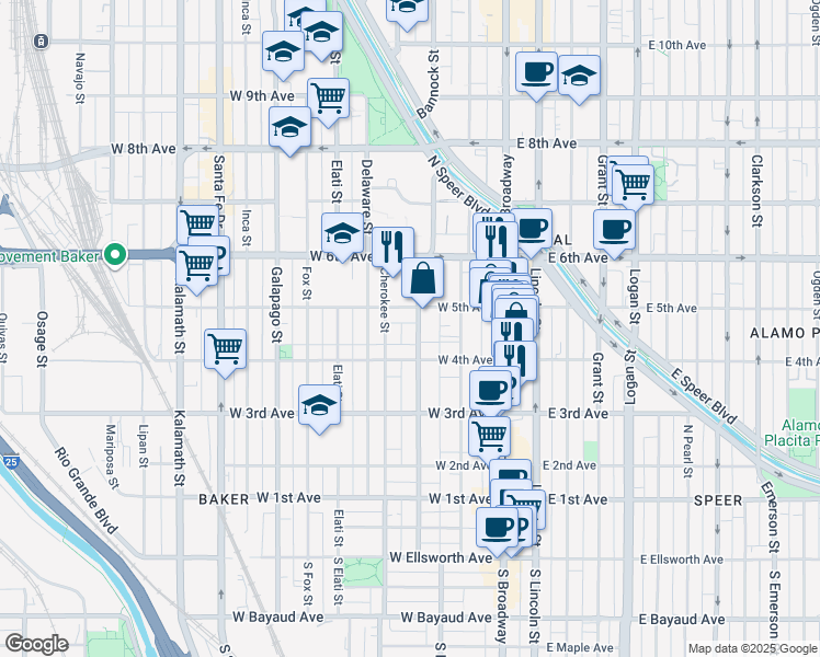map of restaurants, bars, coffee shops, grocery stores, and more near 421 Bannock Street in Denver