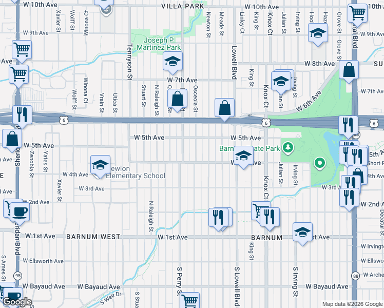 map of restaurants, bars, coffee shops, grocery stores, and more near 406 Perry Street in Denver