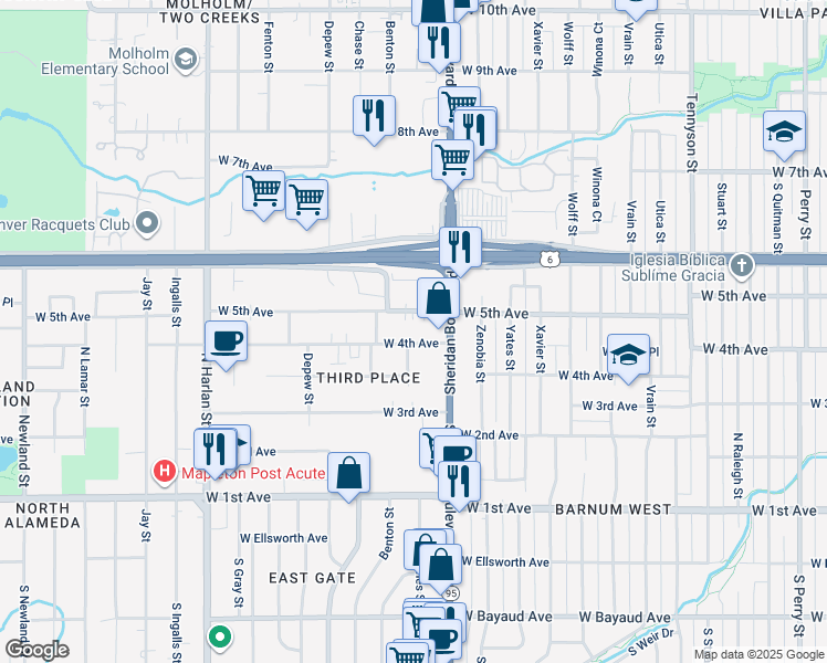 map of restaurants, bars, coffee shops, grocery stores, and more near 5290 West 4th Avenue in Lakewood