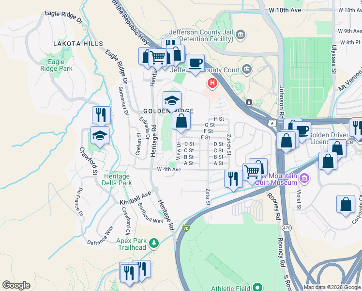 map of restaurants, bars, coffee shops, grocery stores, and more near 1370 C Street in Golden