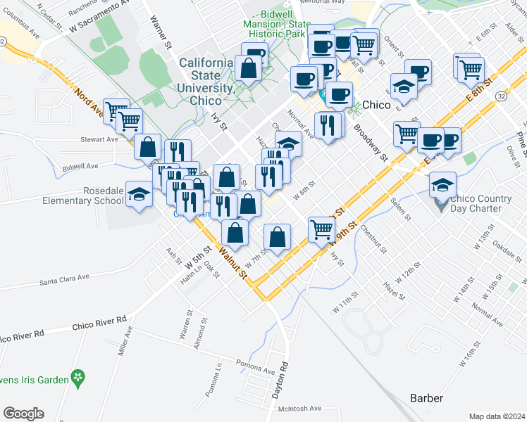 map of restaurants, bars, coffee shops, grocery stores, and more near 533 Orange Street in Chico