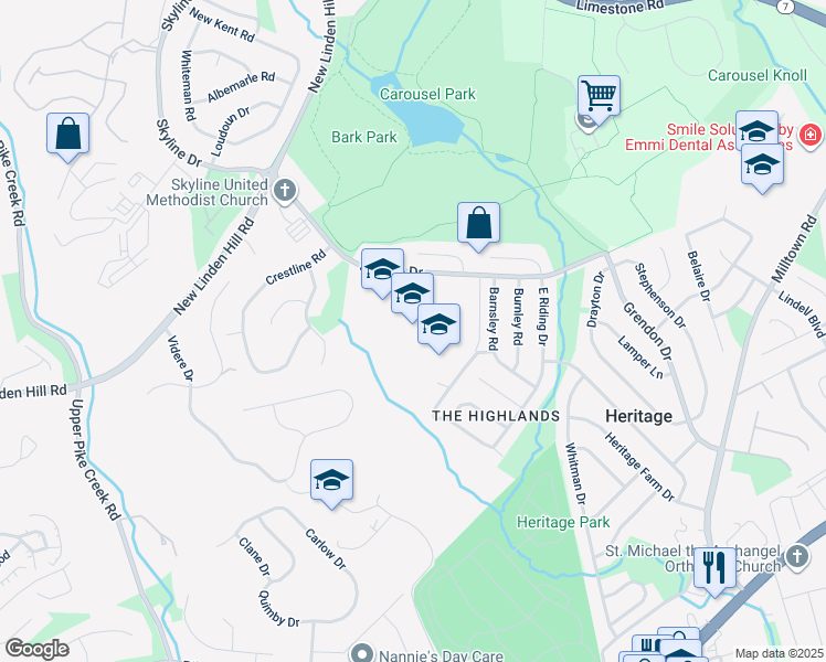 map of restaurants, bars, coffee shops, grocery stores, and more near 2900 Skyline Drive in Wilmington