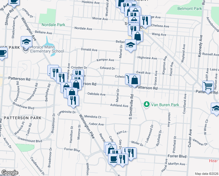 map of restaurants, bars, coffee shops, grocery stores, and more near 1221 Oakdale Avenue in Dayton