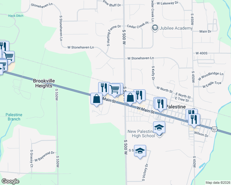 map of restaurants, bars, coffee shops, grocery stores, and more near 5026 West U.S. 52 in New Palestine