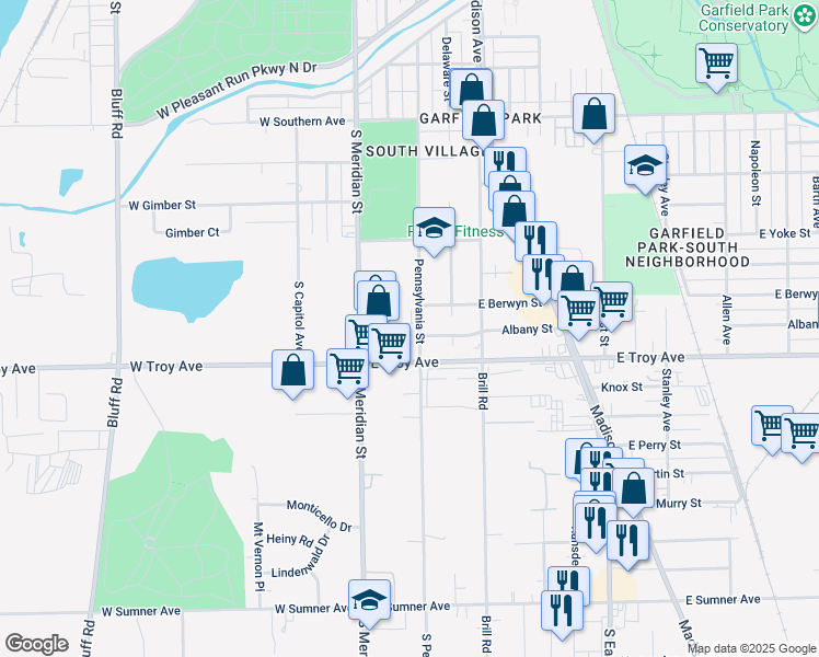 map of restaurants, bars, coffee shops, grocery stores, and more near 2940 South Pennsylvania Street in Indianapolis