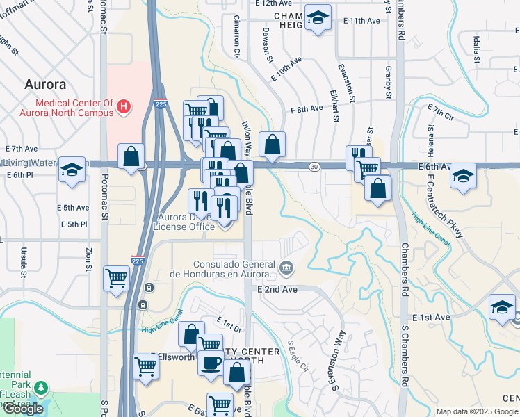 map of restaurants, bars, coffee shops, grocery stores, and more near 452 Sable Boulevard in Aurora