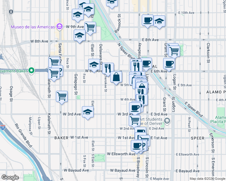 map of restaurants, bars, coffee shops, grocery stores, and more near 455 Bannock Street in Denver
