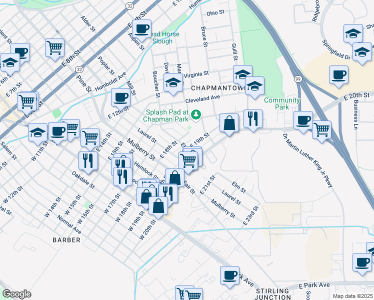 map of restaurants, bars, coffee shops, grocery stores, and more near Elm Street & East 19th Street in Chico
