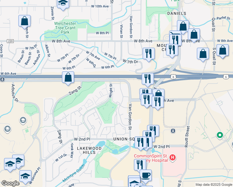 map of restaurants, bars, coffee shops, grocery stores, and more near 453 Van Gordon Street in Lakewood