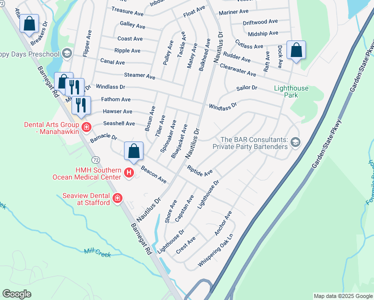 map of restaurants, bars, coffee shops, grocery stores, and more near 127 Nautilus Drive in Stafford Township