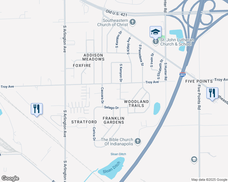 map of restaurants, bars, coffee shops, grocery stores, and more near 6345 Pathfinder Court in Indianapolis