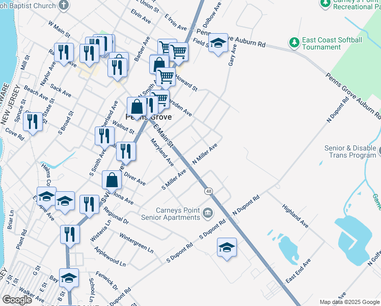 map of restaurants, bars, coffee shops, grocery stores, and more near 9 South Norman Avenue in Penns Grove