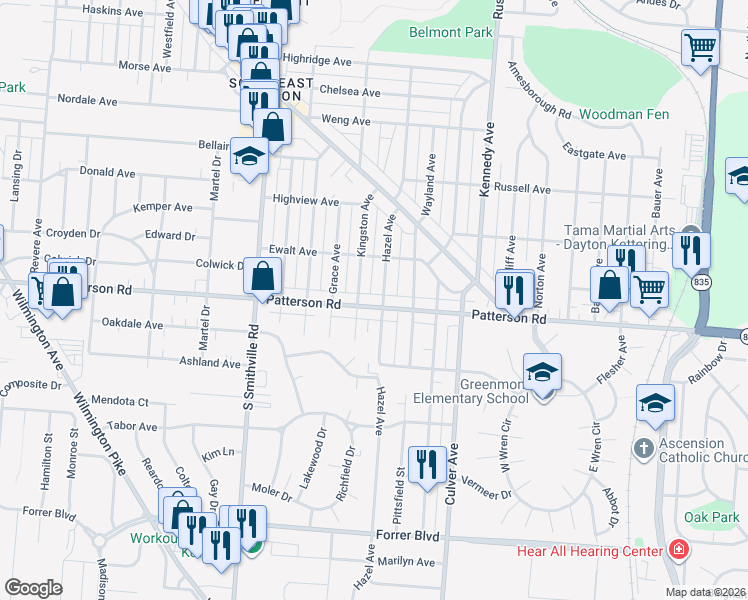 map of restaurants, bars, coffee shops, grocery stores, and more near 1805 Hazel Avenue in Dayton