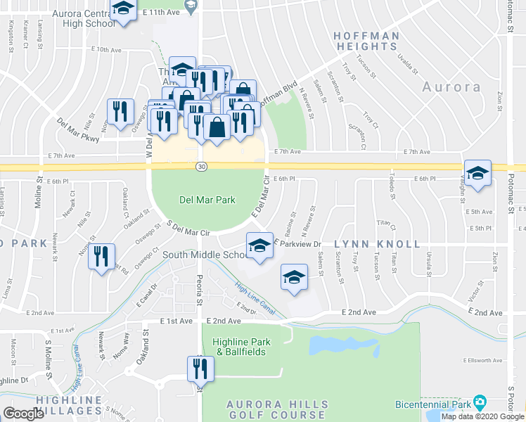 map of restaurants, bars, coffee shops, grocery stores, and more near 167 E Del Mar Circle in Aurora