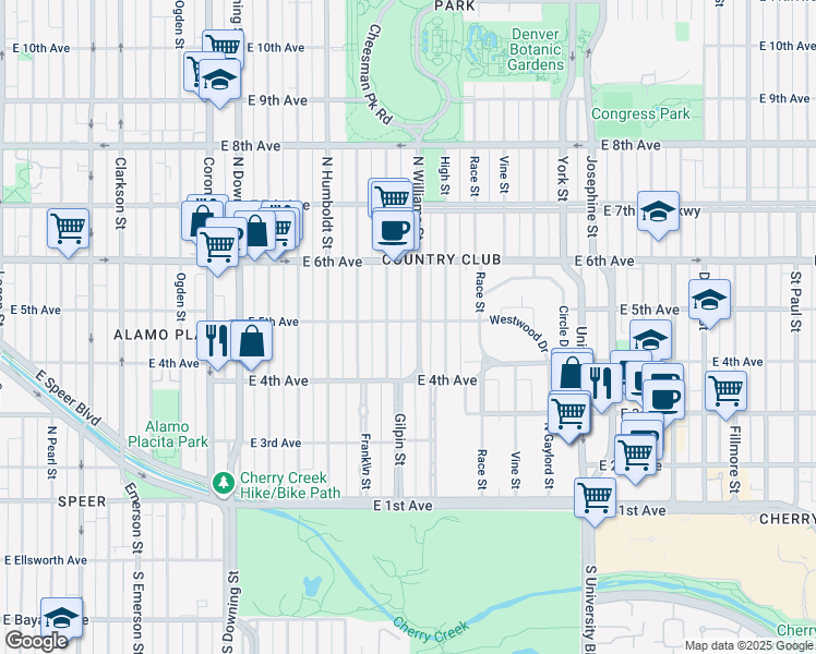 map of restaurants, bars, coffee shops, grocery stores, and more near 458 Gilpin Street in Denver